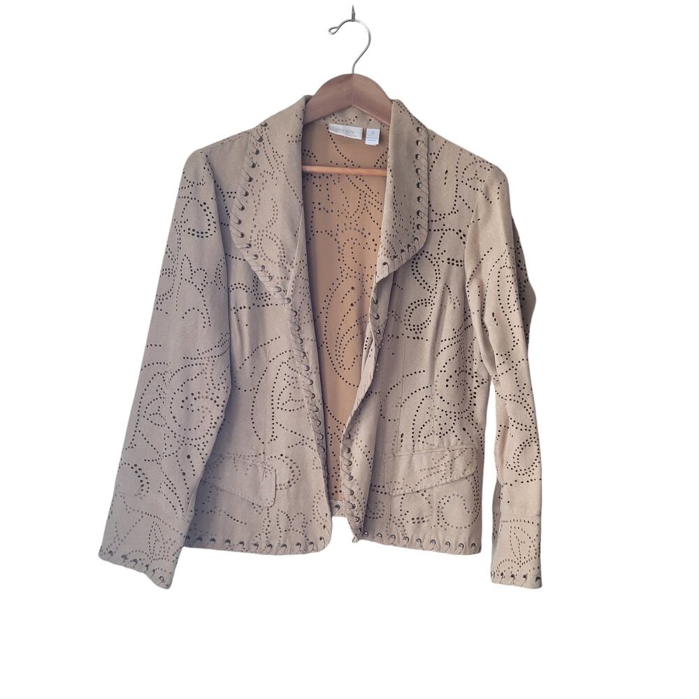 Vintage Chico's Womens   Brown Faux Suede‎ Laser Perforated Ornate Stitch Jacket